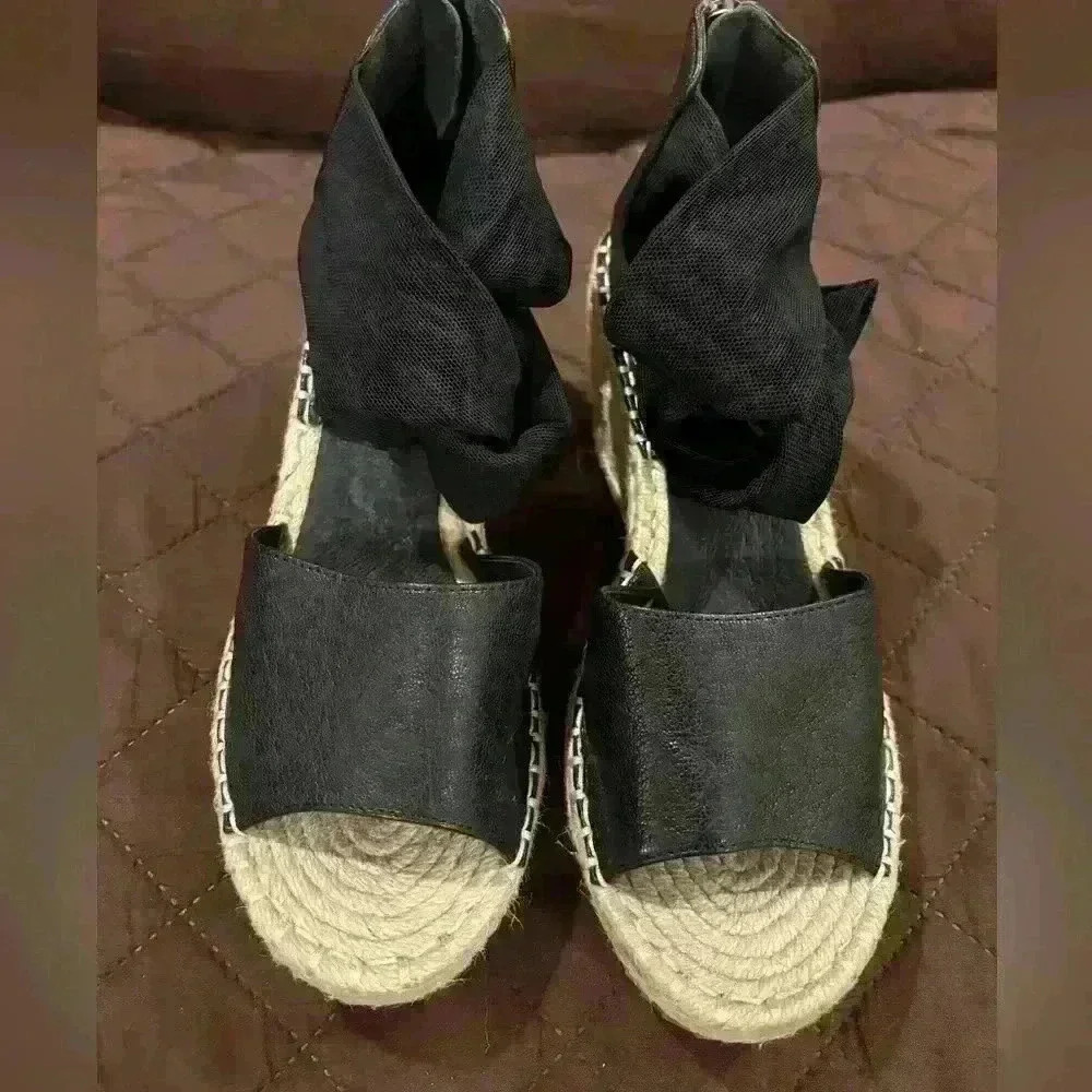 Eileen Fisher Wiley Sandals Shoes 6 Black Leather Zip Up Wedge Knot Espadrille - Picture 10 of 10
